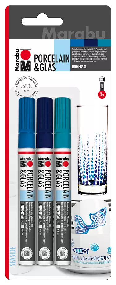 Marabu Porcelain &amp; Glas Painter 3pc blister assortment "Seaside", 3 x 1-2 mm