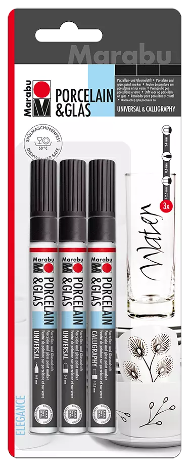 Marabu Porcelain &amp; Glas Painter 3pc blister assortment "Elegance", 1 x 0,8 mm, 1 x 2-4 mm, 1 x 1-2,5 mm