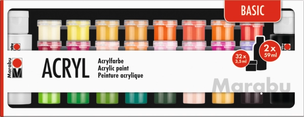 Marabu Acrylic Paints 34pc assortment BASIC, 32 x 3,5 ml &amp; 2 x 59 ml