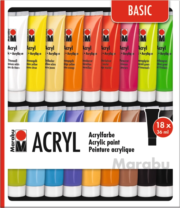 Marabu Acrylic Paints 18pc assortment BASIC, 18 x 36 ml Tubes